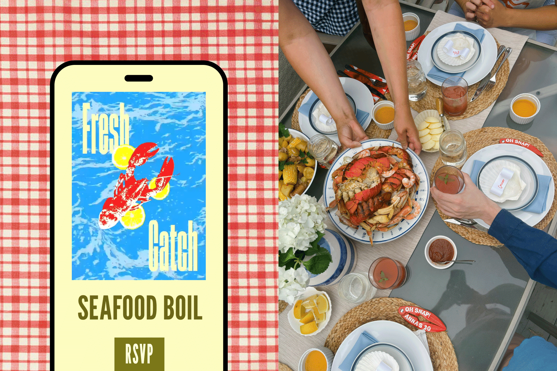Left: An animated seafood boil invite reading ‘Fresh Catch” with flashing images of various seafood and blue water, over a red and white gingham background. Right: A photo of a table filled with various seafood, plates, and drinks.
