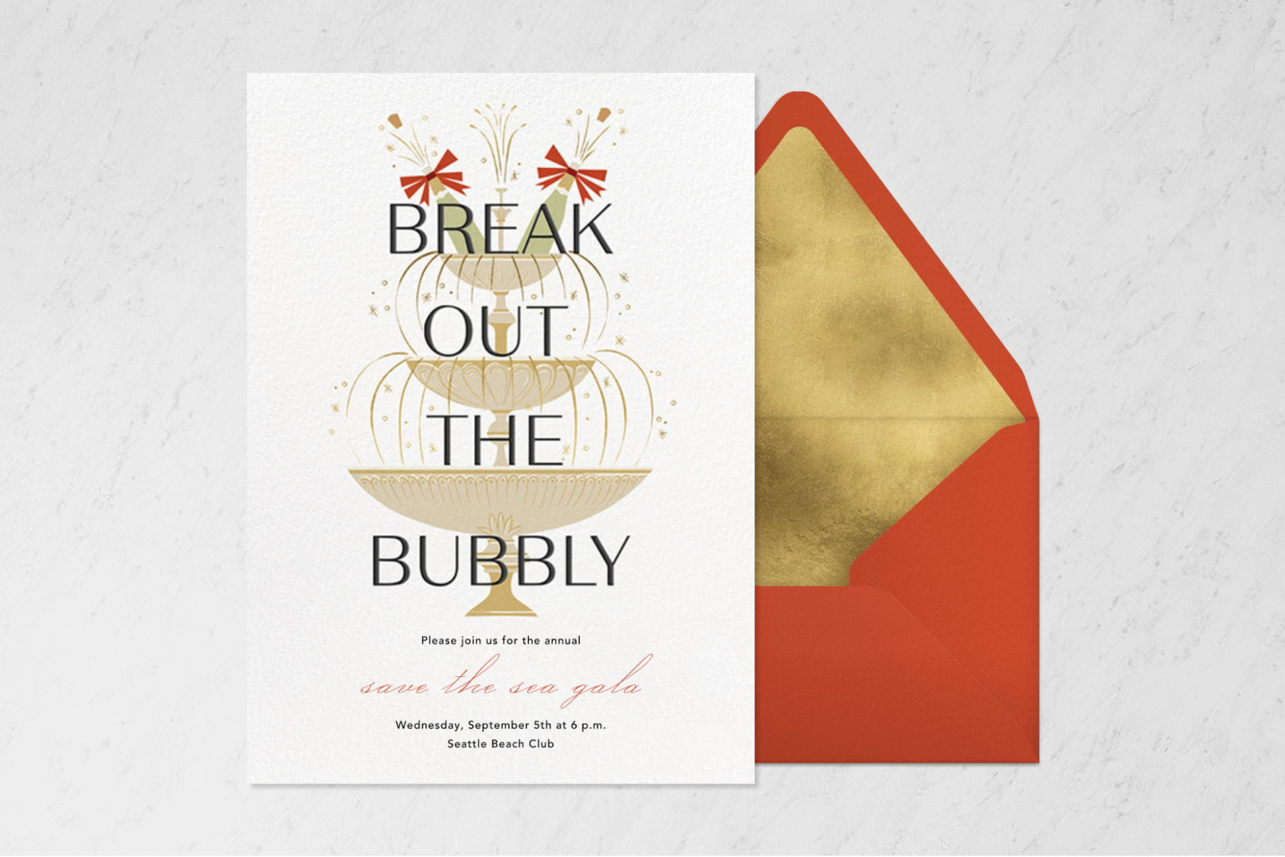 A “Save the Sea” gala invitation with a simplified illustration of a three-tiered Champagne fountain with two bottles on top and the words “Break Out the Bubbly” beside a red envelope with gold liner.