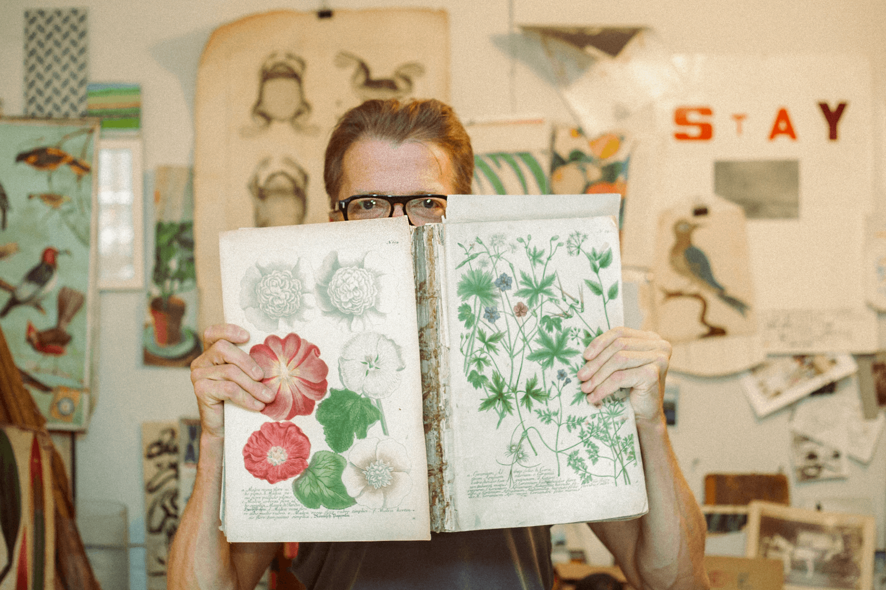 John Derian stands inside his studio holding up an archival book of illustrated flowers while standing in front of a wall covered with other illustrated drawings. 
