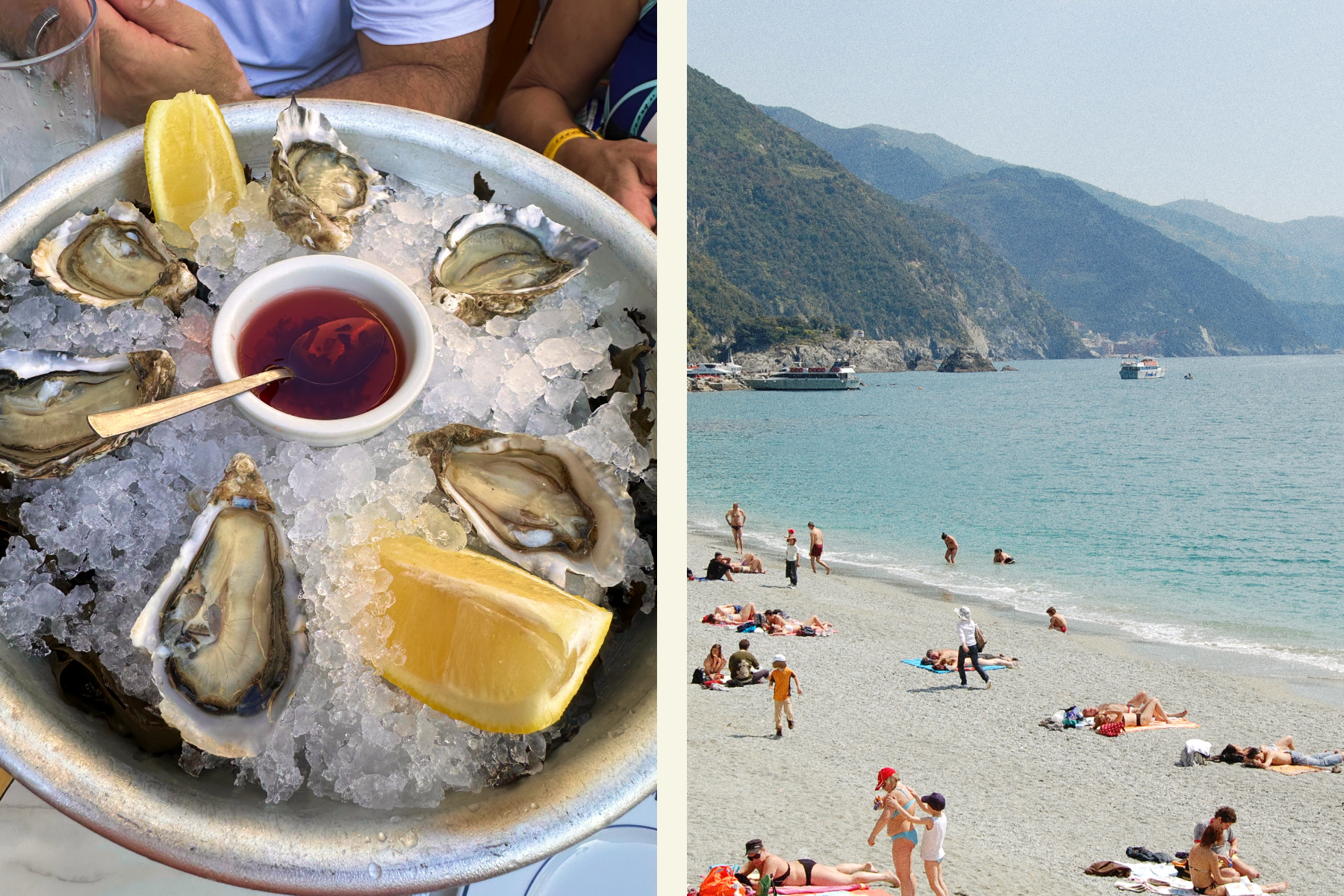 Left: Oysters on ice with lemon and vinaigrette. Right: A beach with people lying out on towels and mountains in the distance.