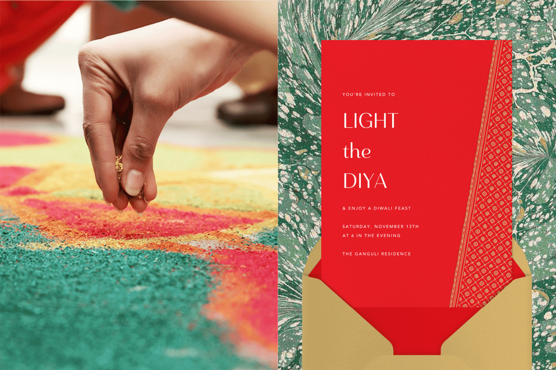 Left: A close up of a hand pouring colorful sand art. Right: A red Diwali invitation featuring a subtle geometric design.