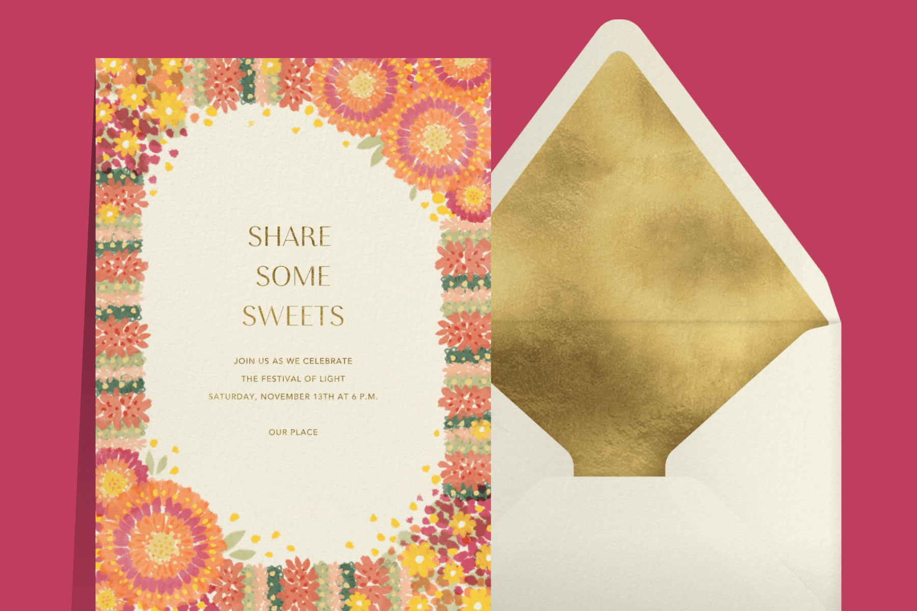 A Diwali invitation featuring illustrations of pink and orange flowers.