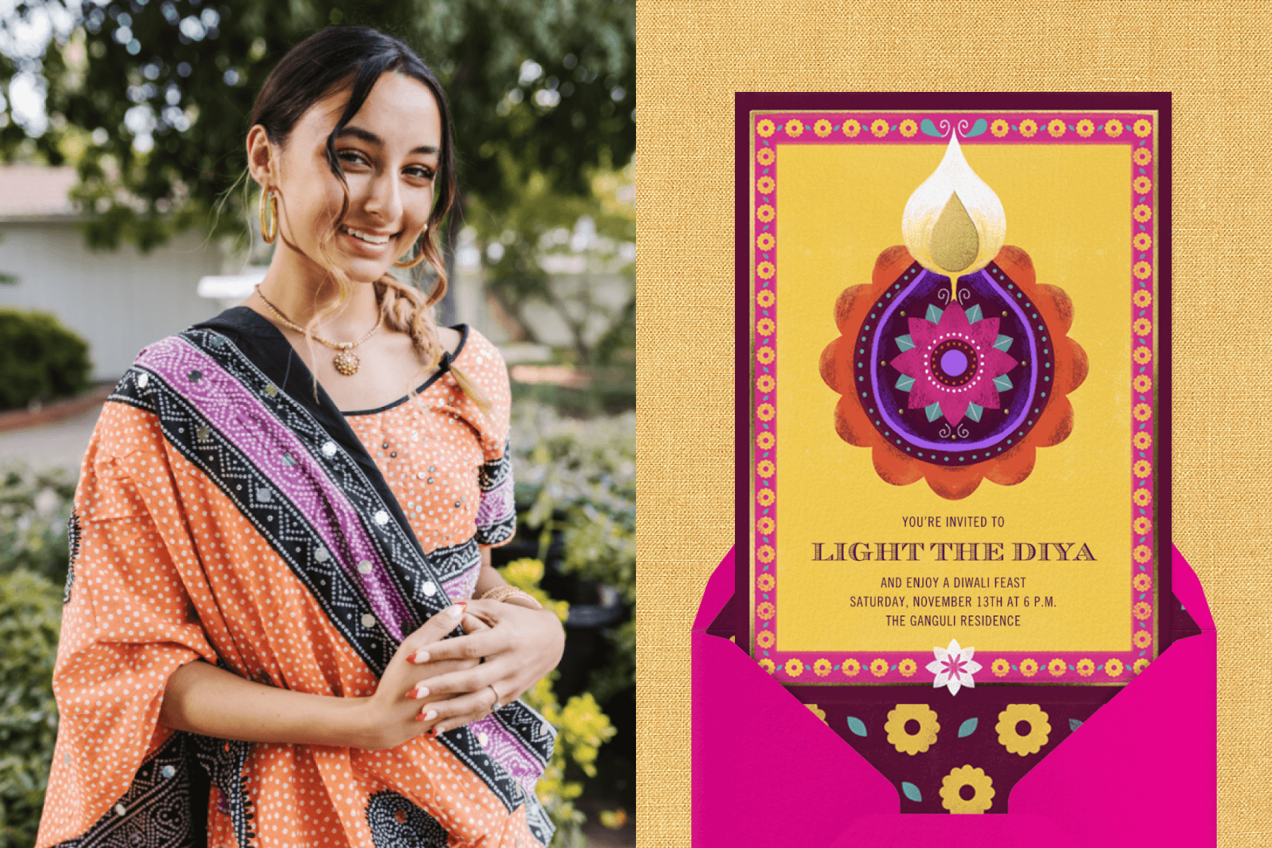 Left: A young woman dresses in a sari for Diwali. Right: A yellow Diwali invitation with a diya illustration