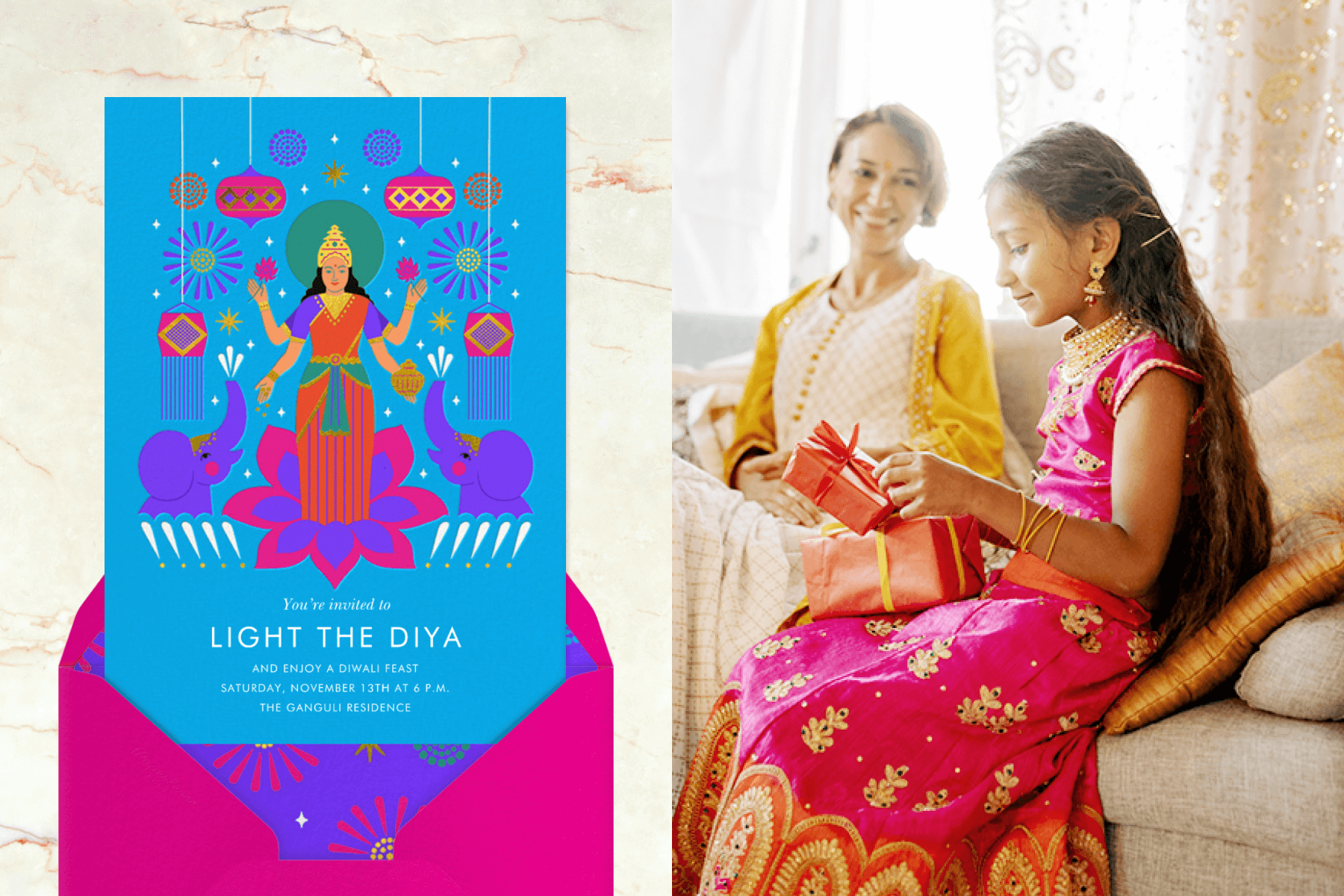 Left: A bright blue Diwali invitation featuring the goddess Lakshmi. | Right: A young girl and her mom opening Diwali presents.