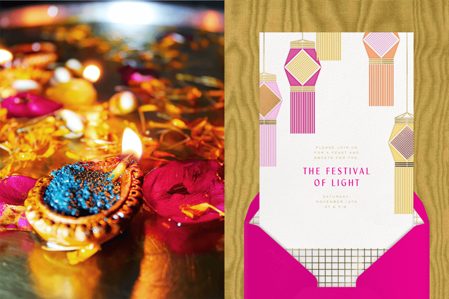 Left: A close up photo of lit diyas. | Right: A Diwali invitation featuring illustrations of hanging lanterns.