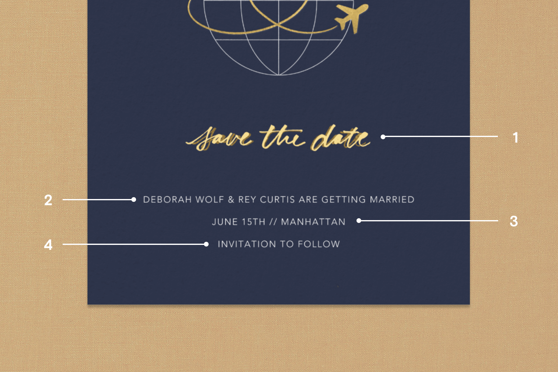 A navy blue save the date card has a line drawing of an airplane circling the earth and numbers that coordinate with copy in the body of this article.