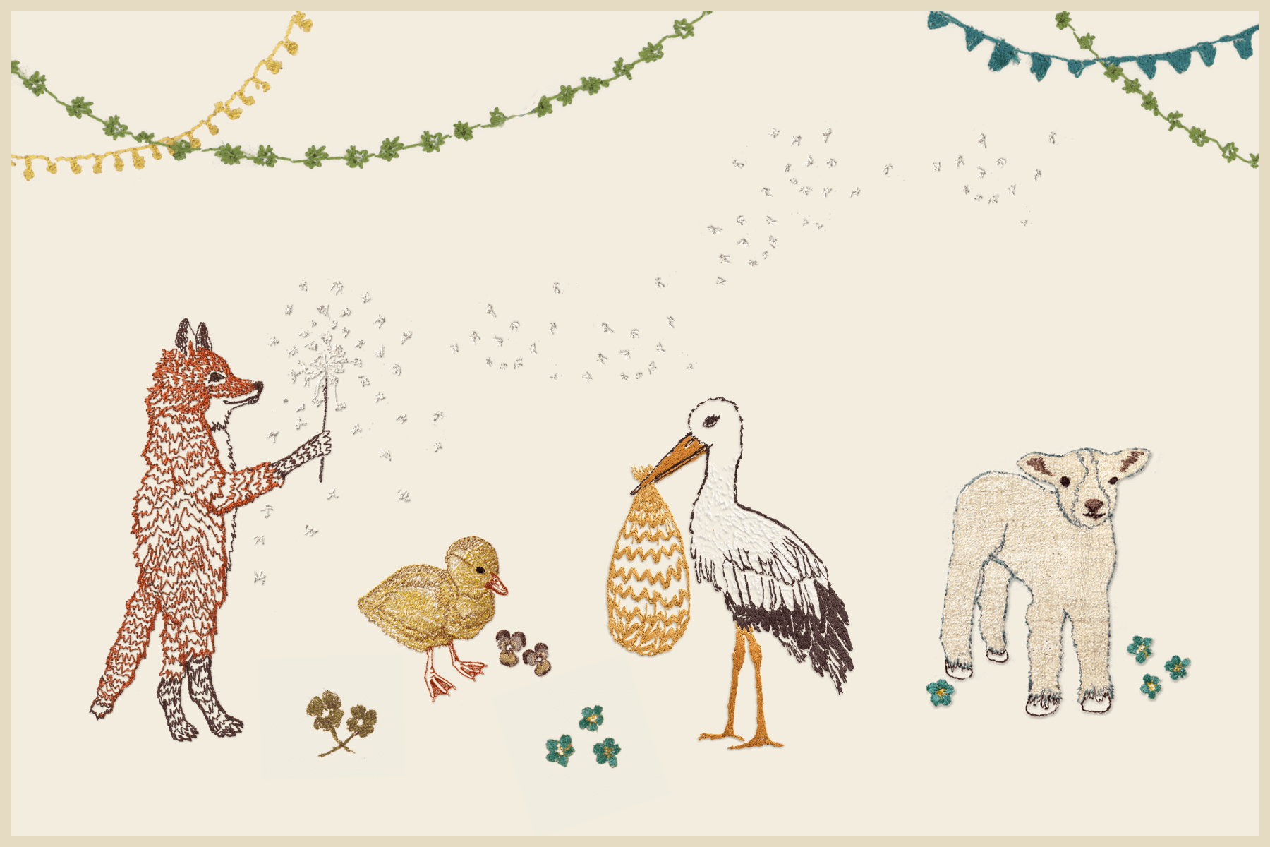 Illustrations of embroidered animals, including a fox, a duckling, a stork, and a lamb.
