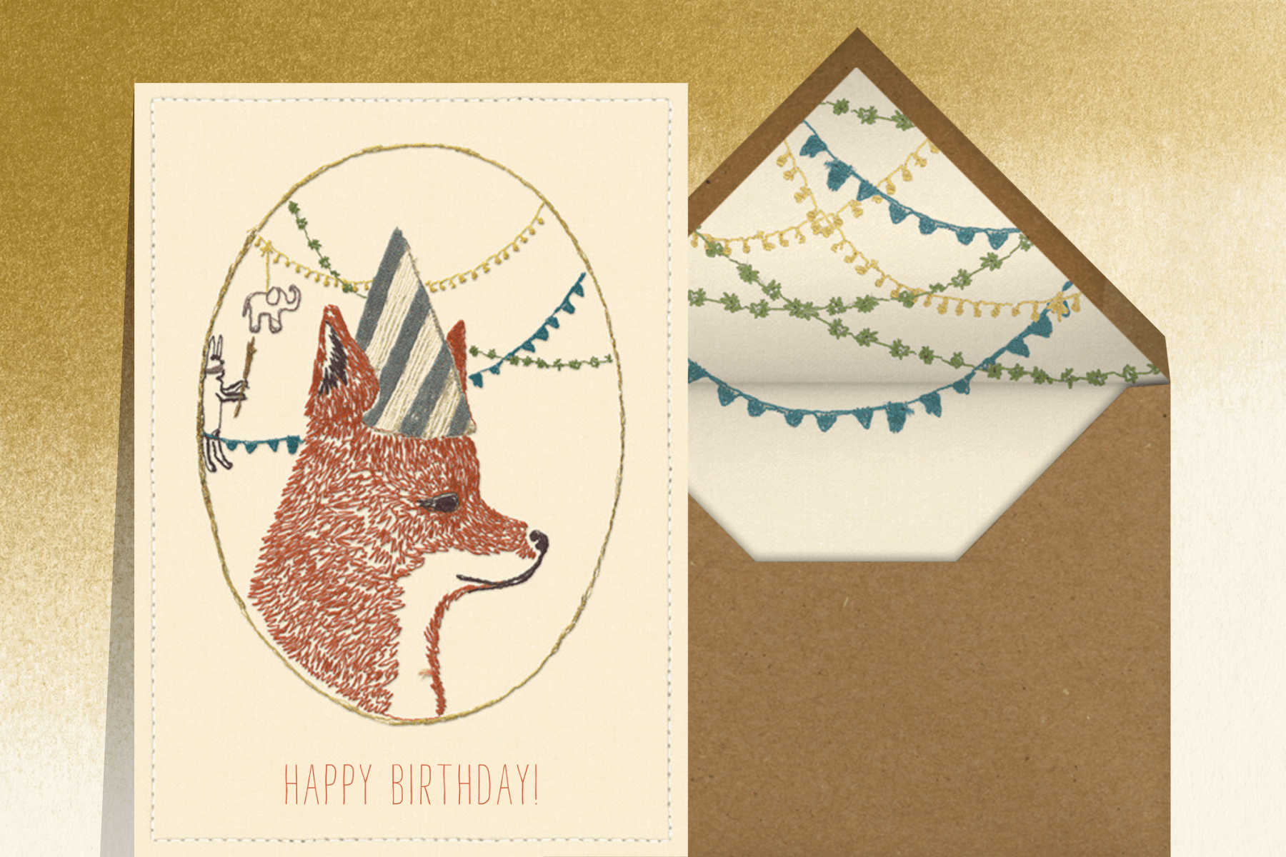 A birthday greeting card featuring a fox in a party hat.
