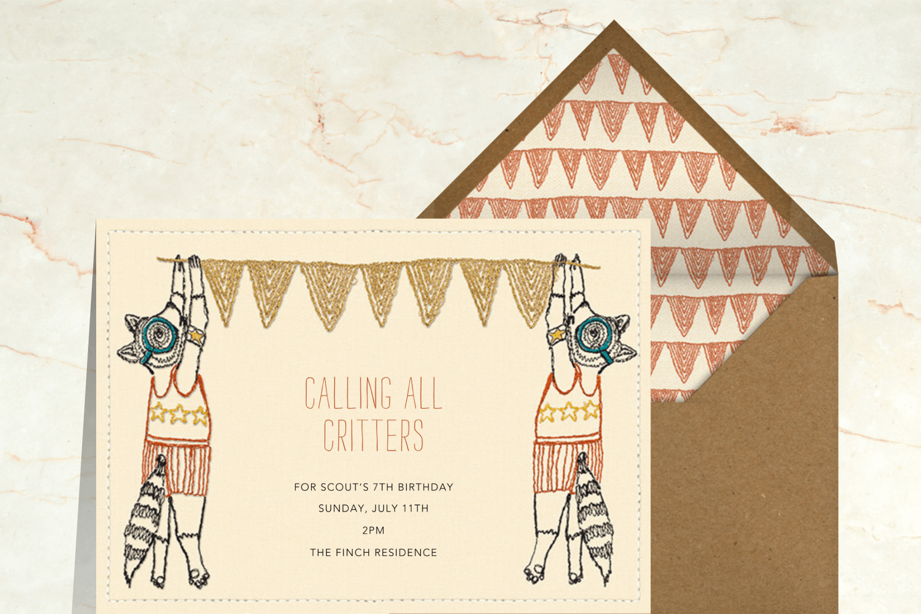 An invitation featuring embroidered raccoons hanging bunting.