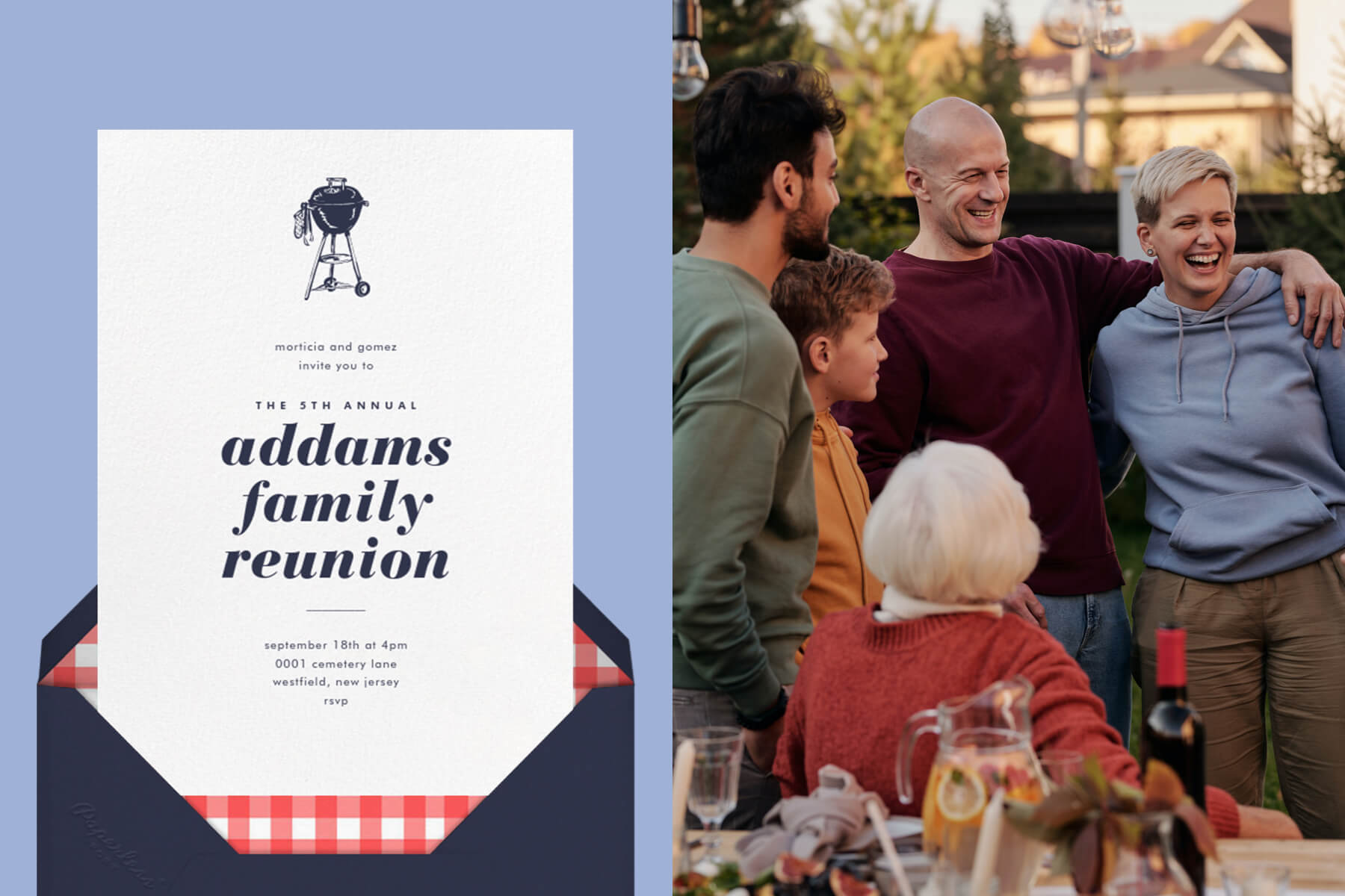 Left: “White” invitation by Paperless Post featuring an illustration of a grill on a blue background. | Right: Photo of a family gathering around an outdoor dinner table, smiling and hugging.