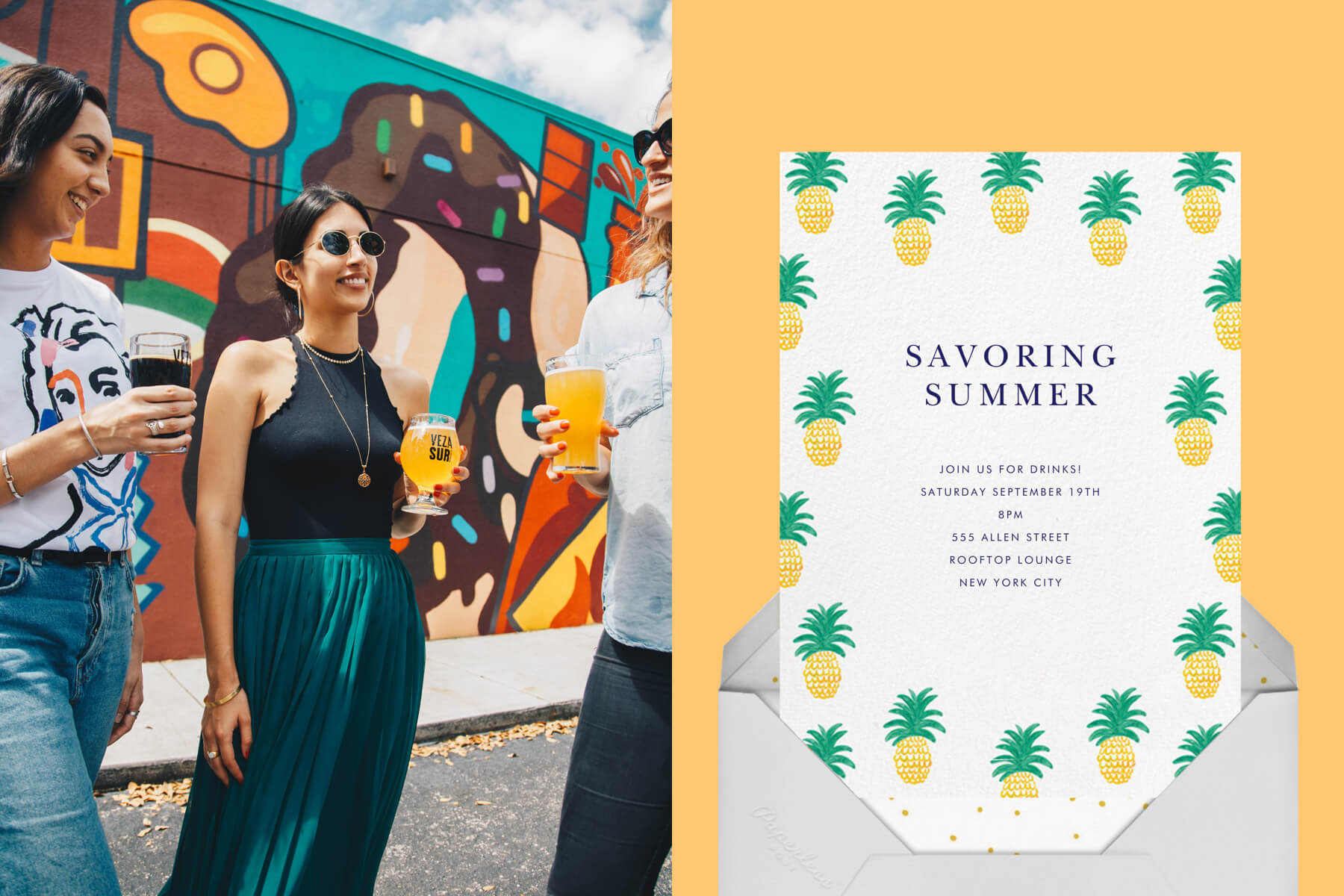 Left: Three young friends drinking beer outdoors in front of a graffiti wall. | Right: “Pineapple Party” invitation by Linda and Harriet for Paperless Post featuring illustrations of pineapples on a yellow background.