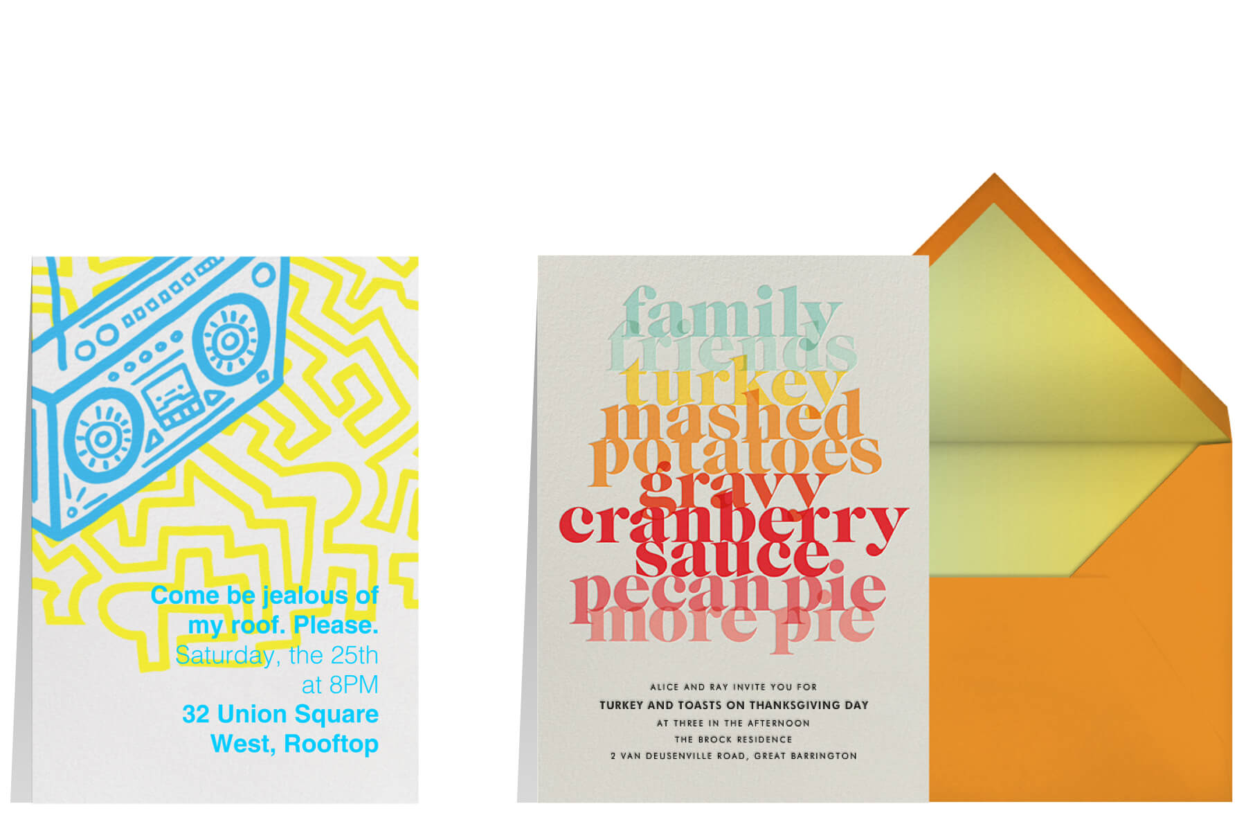 Left: “Block Party” invitation by Paperless Post featuring an illustration of a boombox. | Right: “Thanksgiving Essentials” invitation by Paperless Post featuring graphic type treatments listing out common words associated with Thanksgiving.