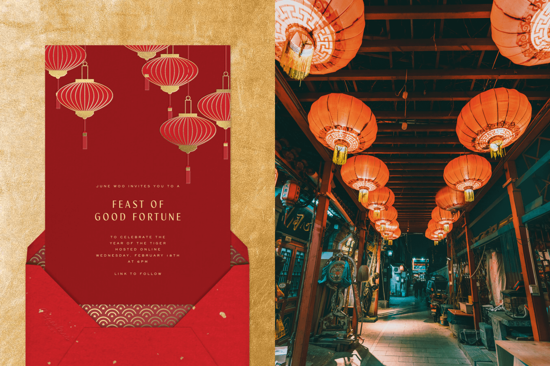 Left: A red Lunar New Year card featuring red lanterns. | Right: A hallway lined with red lanterns.