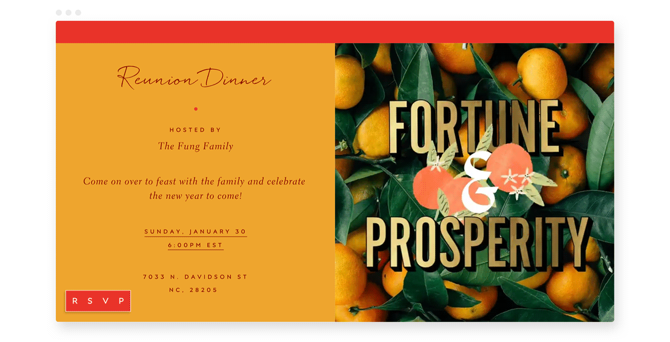 An animated flyer invitation featuring mandarins.
