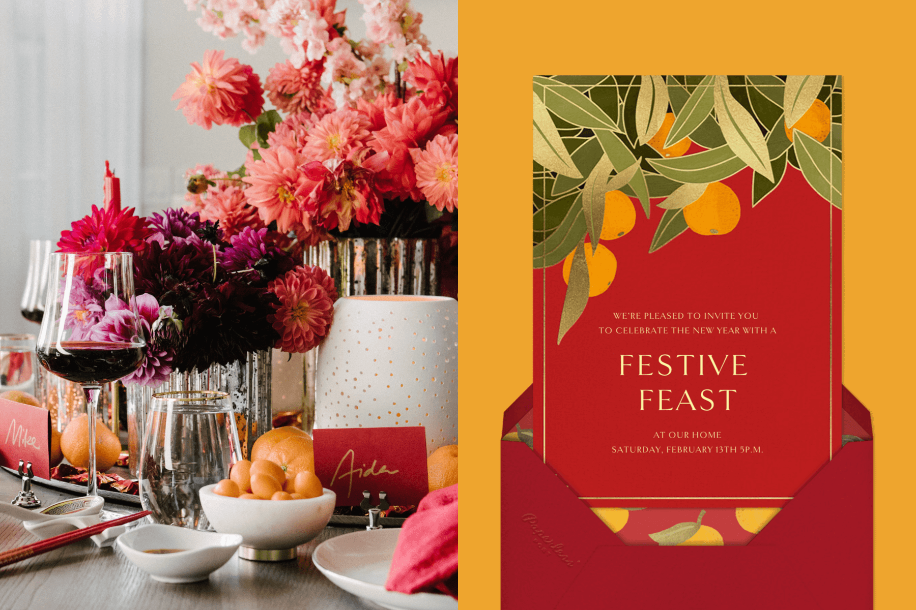 Left: A Lunar New Year table setting with wine and flowers. | Right: A Lunar New Year invitation featuring mandarins.