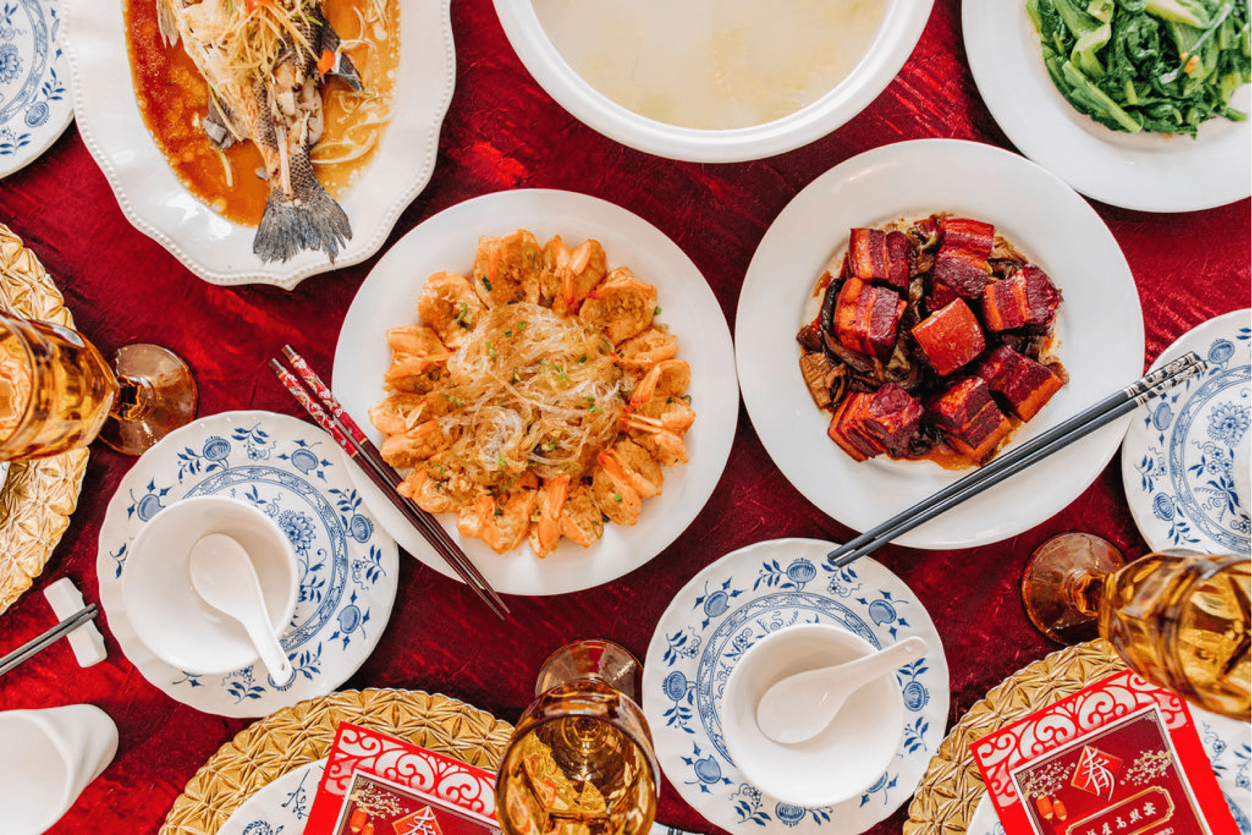 An overhead view of a Lunar New Year feast.