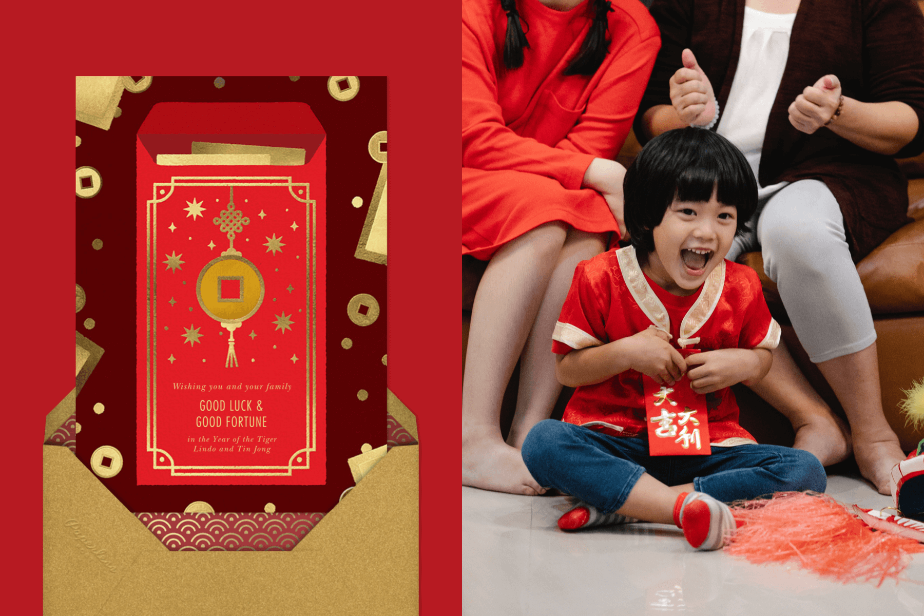 Left: A Lunar New Year invitation featuring a red envelope. | Right: A small child excited to receive a red envelope at a Lunar New Year party.
