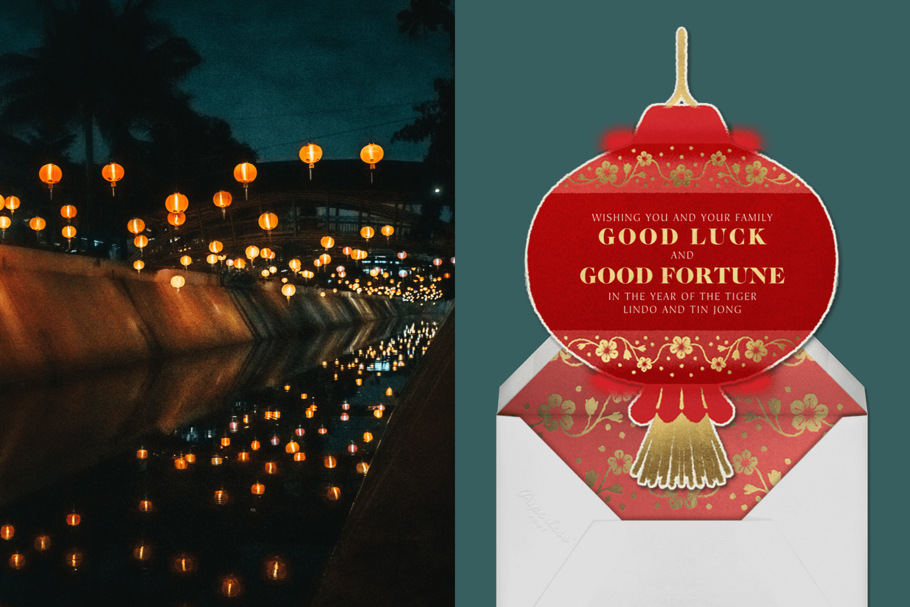 Left: A nighttime canal scene with lit Lunar New Year lanterns. | Right: A novelty Lunar New Year invitation in the shape of a lantern.