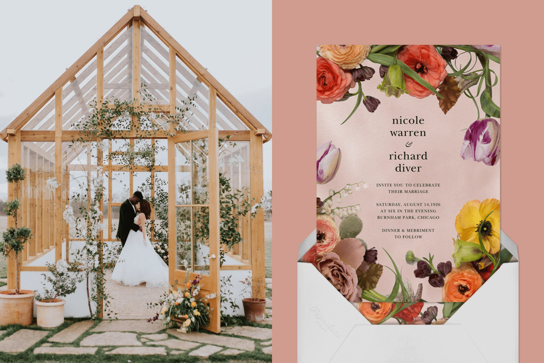 Left: A bride and groom share a kiss inside of a greenhouse. | Right: A floral wedding invitation.