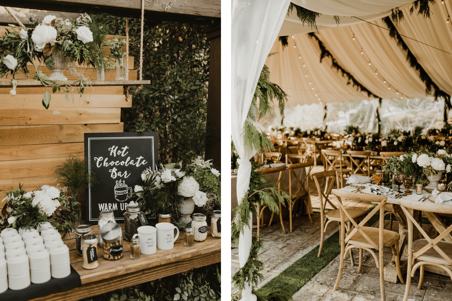 Left: A decorated hot chocolate bar | Right: A peek inside a wedding tent with decorated tables and greenery.