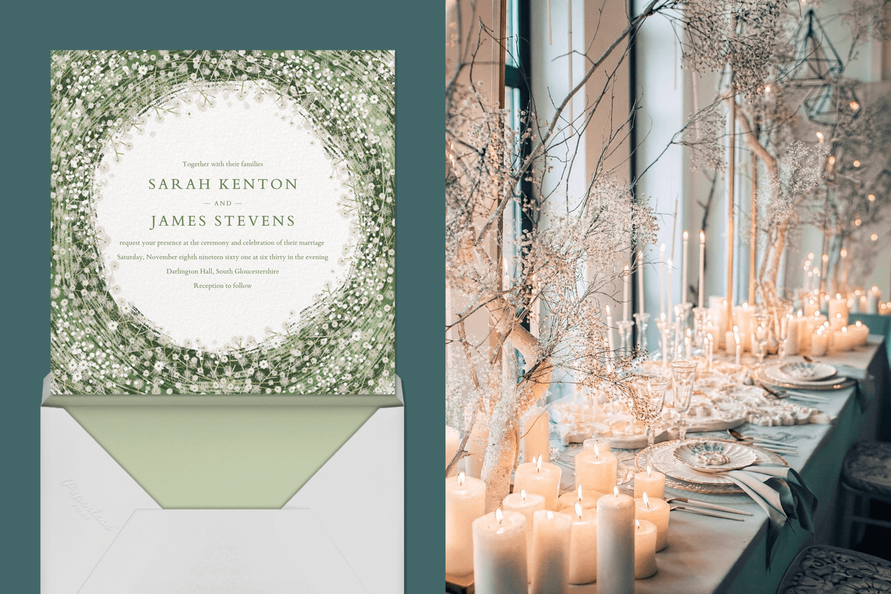 Left: A dainty green floral wedding invitation. | Right: An all-white table setting featuring branches and lots and lots of candles.