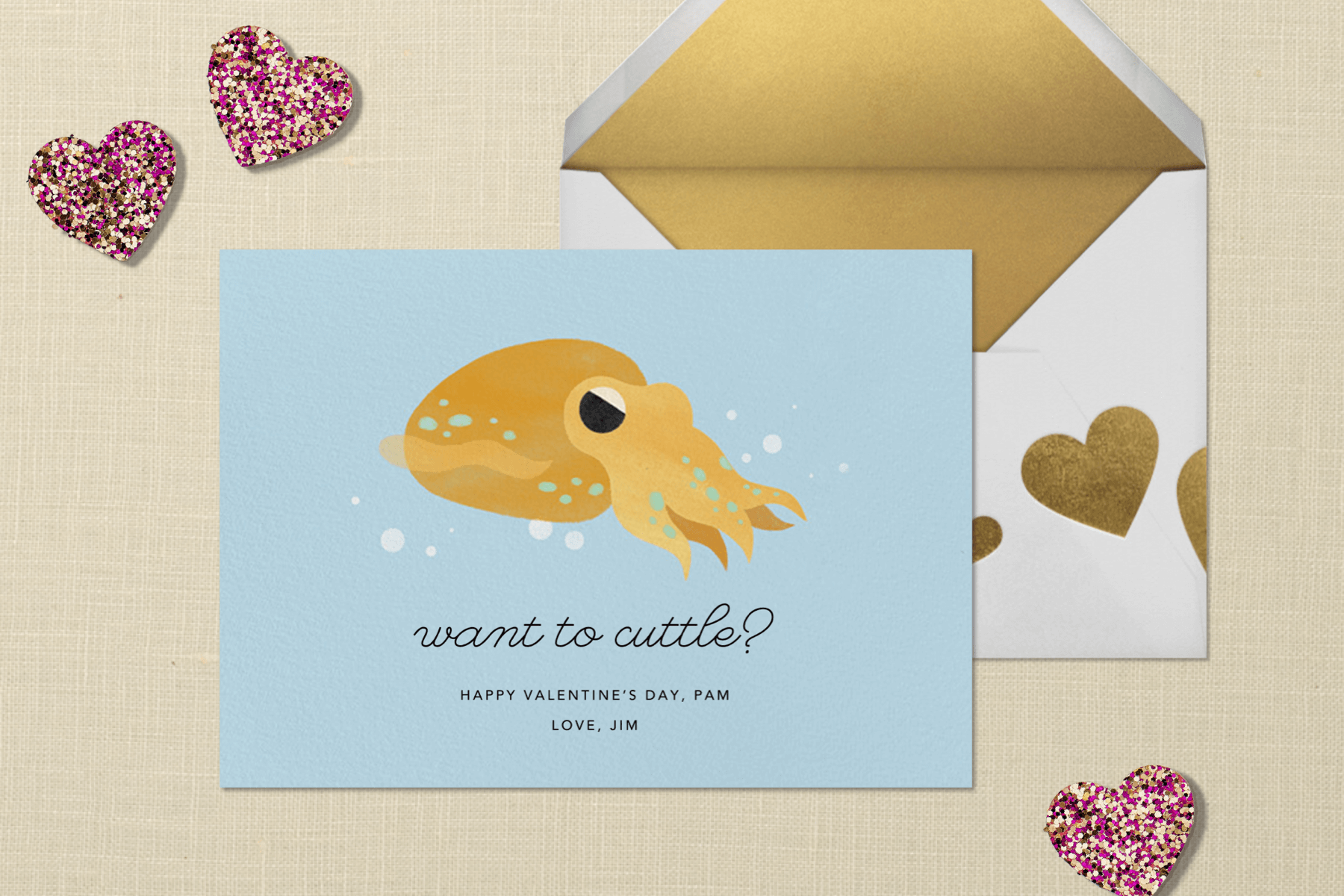 A Valentine’s Day card with an illustration of a cuttlefish.