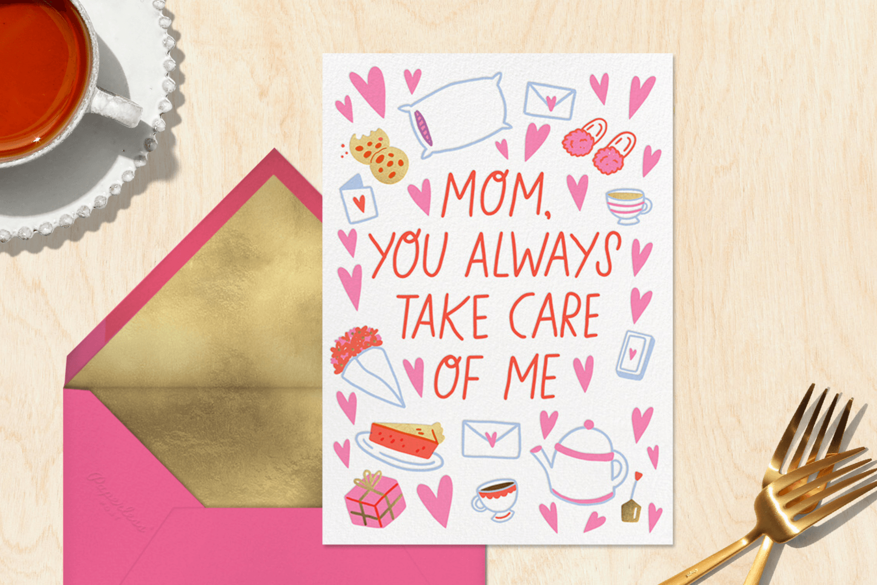 A Valentine’s Day card for your mom with cute illustrations of hearts and objects.