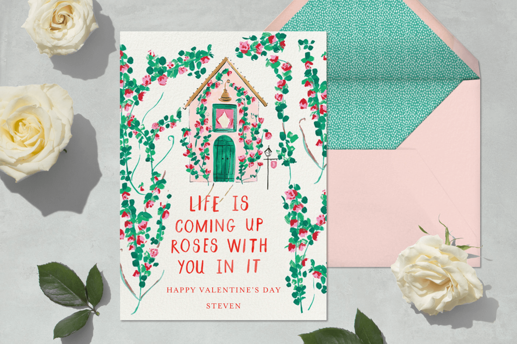 A Valentine’s Day card with an illustration of a house covered in vines.
