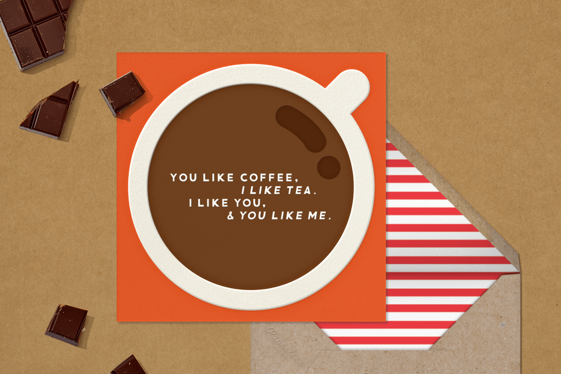 A card with an overhead illustration of a cup of coffee.