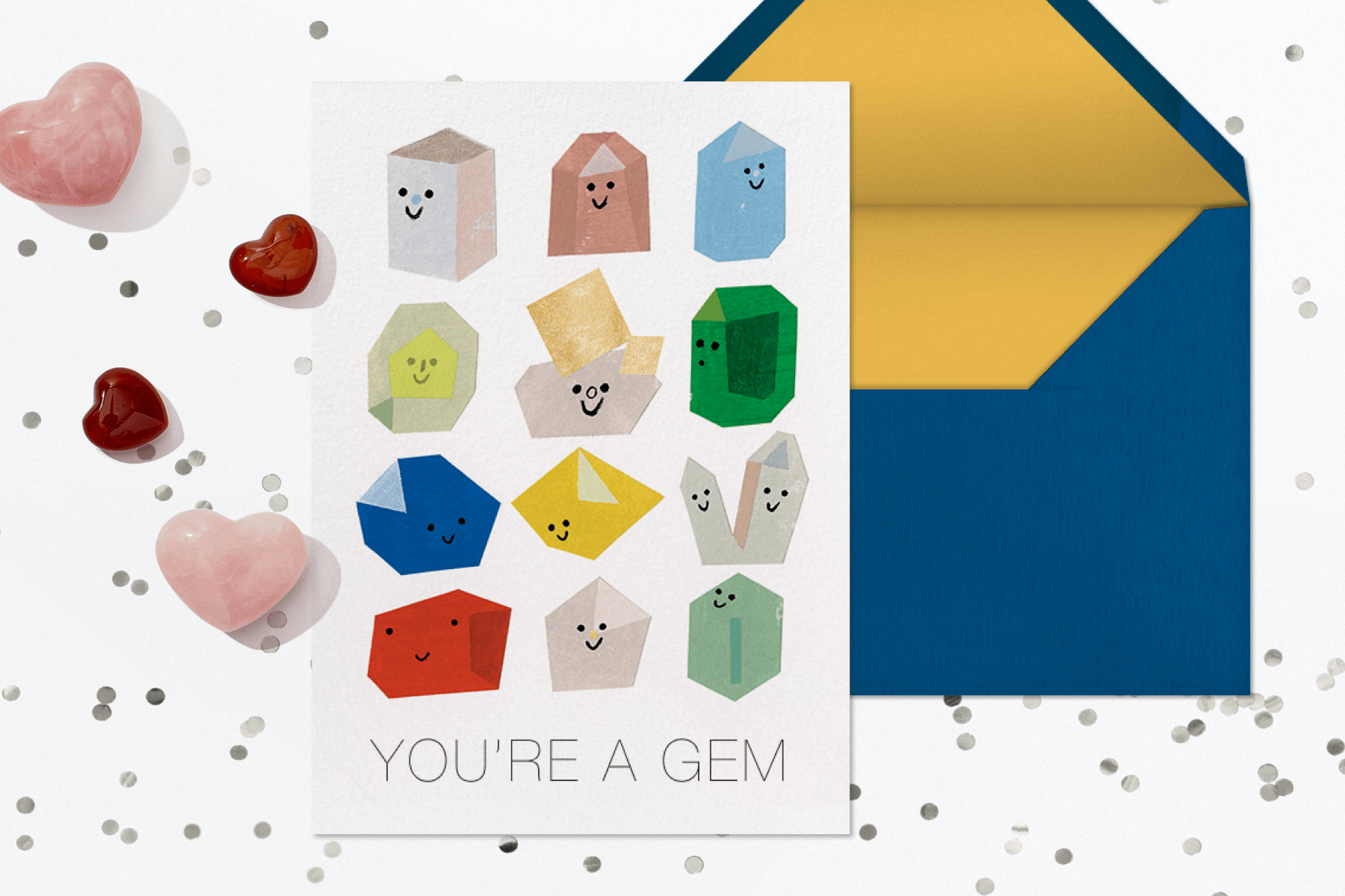 A Valentine’s Day card with smiling gemstones.
