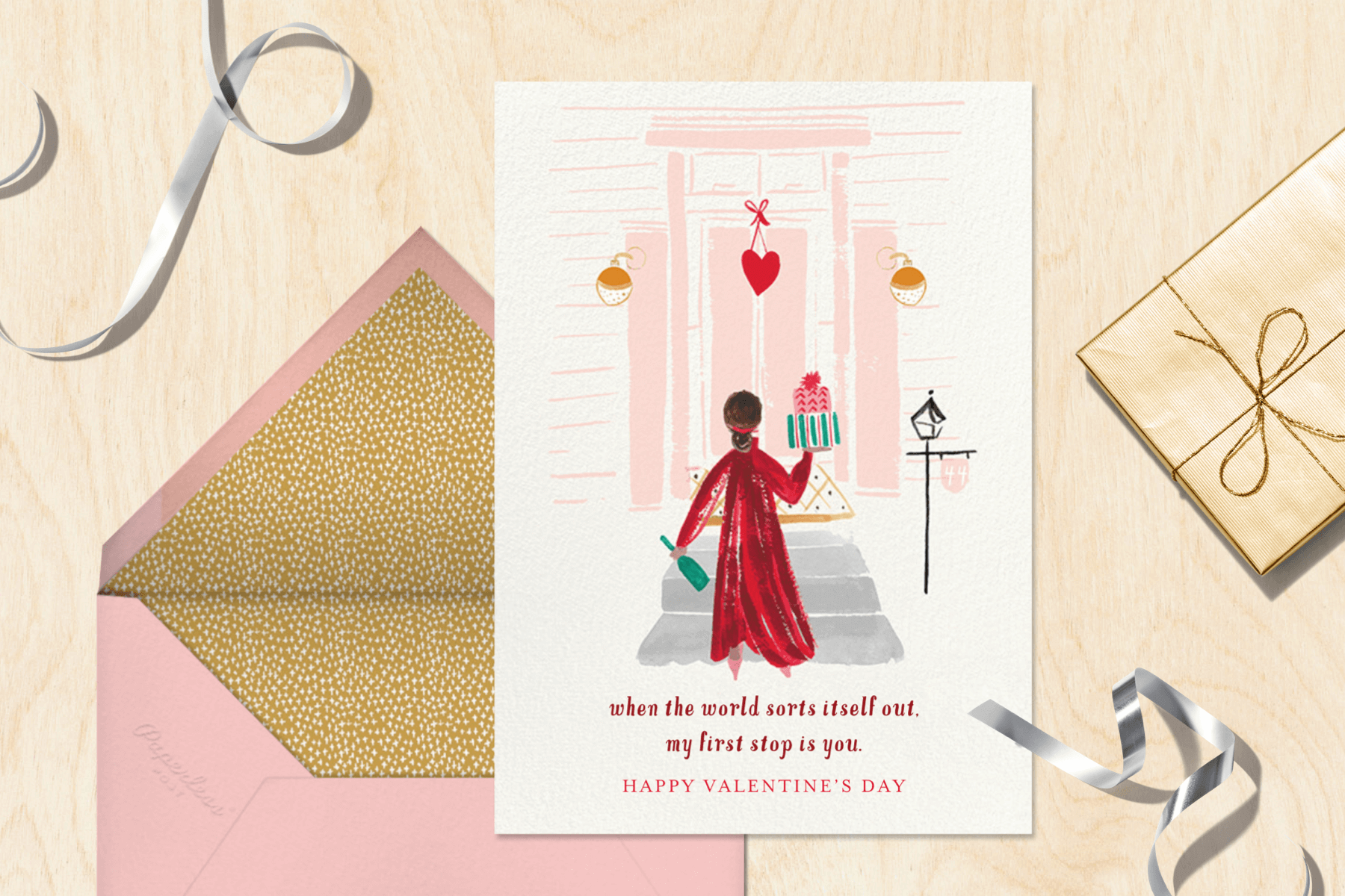 A Valentine’s Day card with a woman arriving to a party with a present.