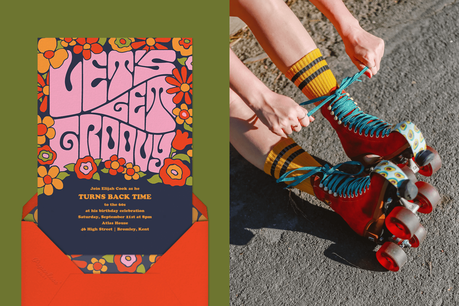 left: A ‘60s-style invitation with wavy font and colorful flowers. Right: A person laces their rollerskates.