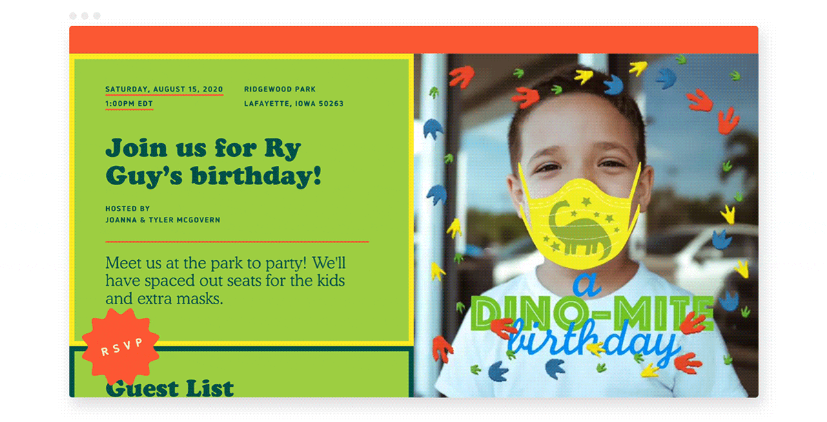 An invitation for a child’s birthday party with colorful dinosaur footprints over a portrait photo. 