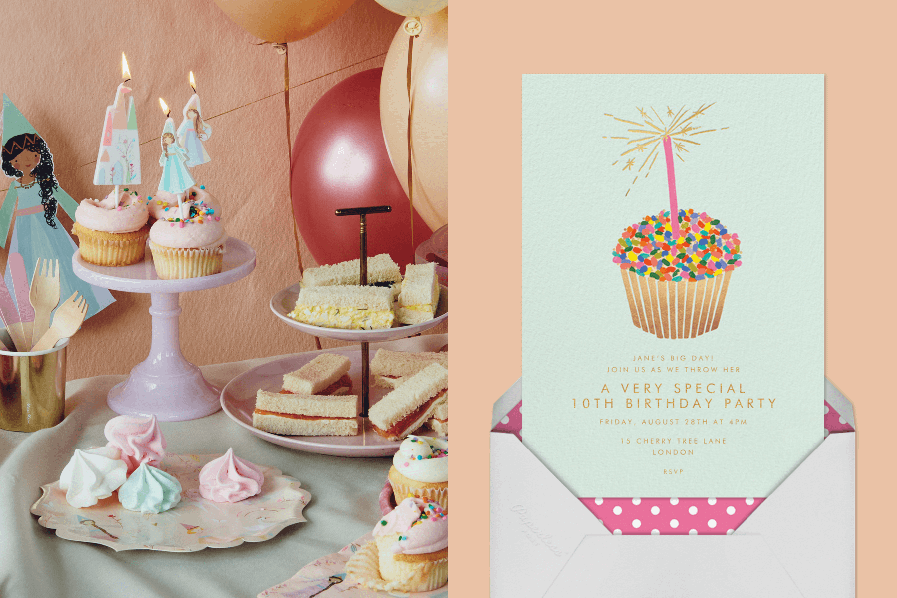 left: A party table with princess-themed cupcakes and bite-sized sandwiches. Right: An invitation shows a colorful cupcake with a sparkler.