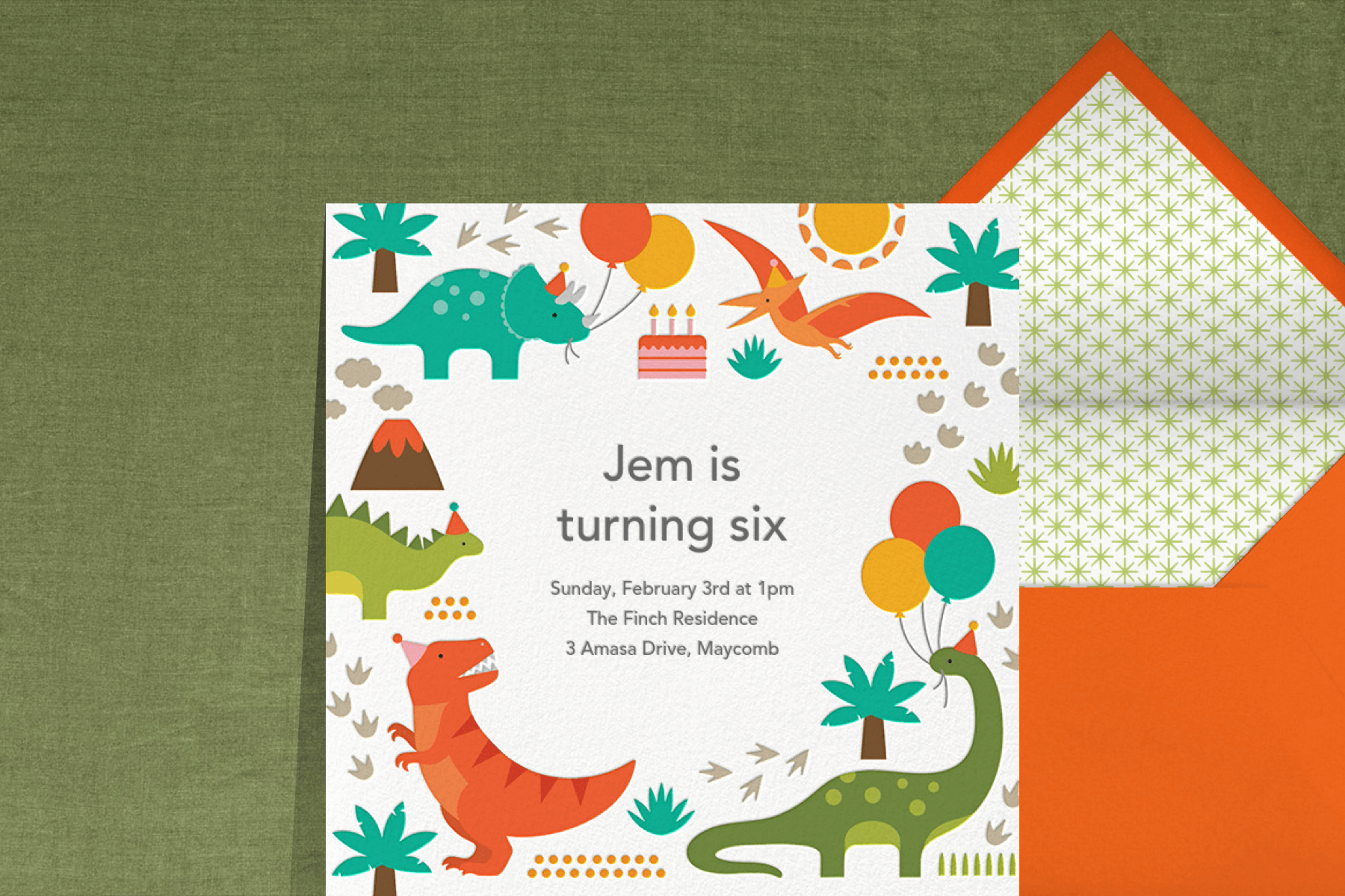 A kids’ birthday invitation with colorful dinosaurs with party hats and balloons.