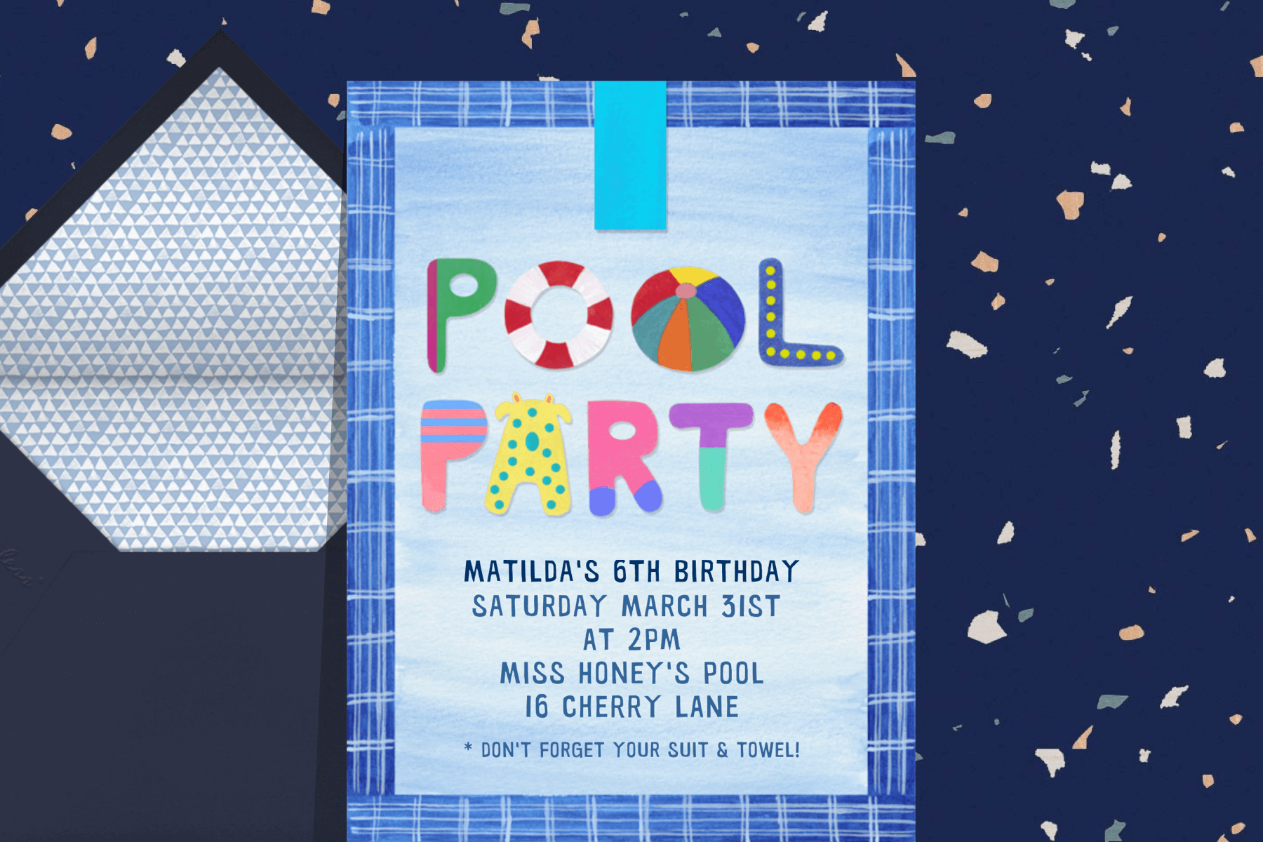 A kids’ birthday invitation with colorful dinosaurs with party hats and balloons.