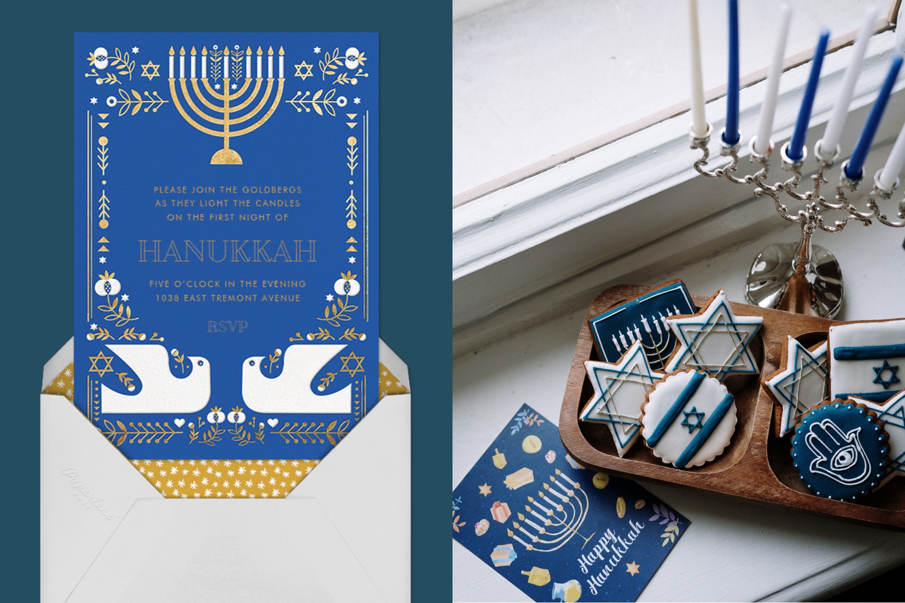Left: A blue Hanukkah card and white envelope. Right: Blue and white Hanukkah cookies, a Hanukkah card, and a Chanukiah with candles. 