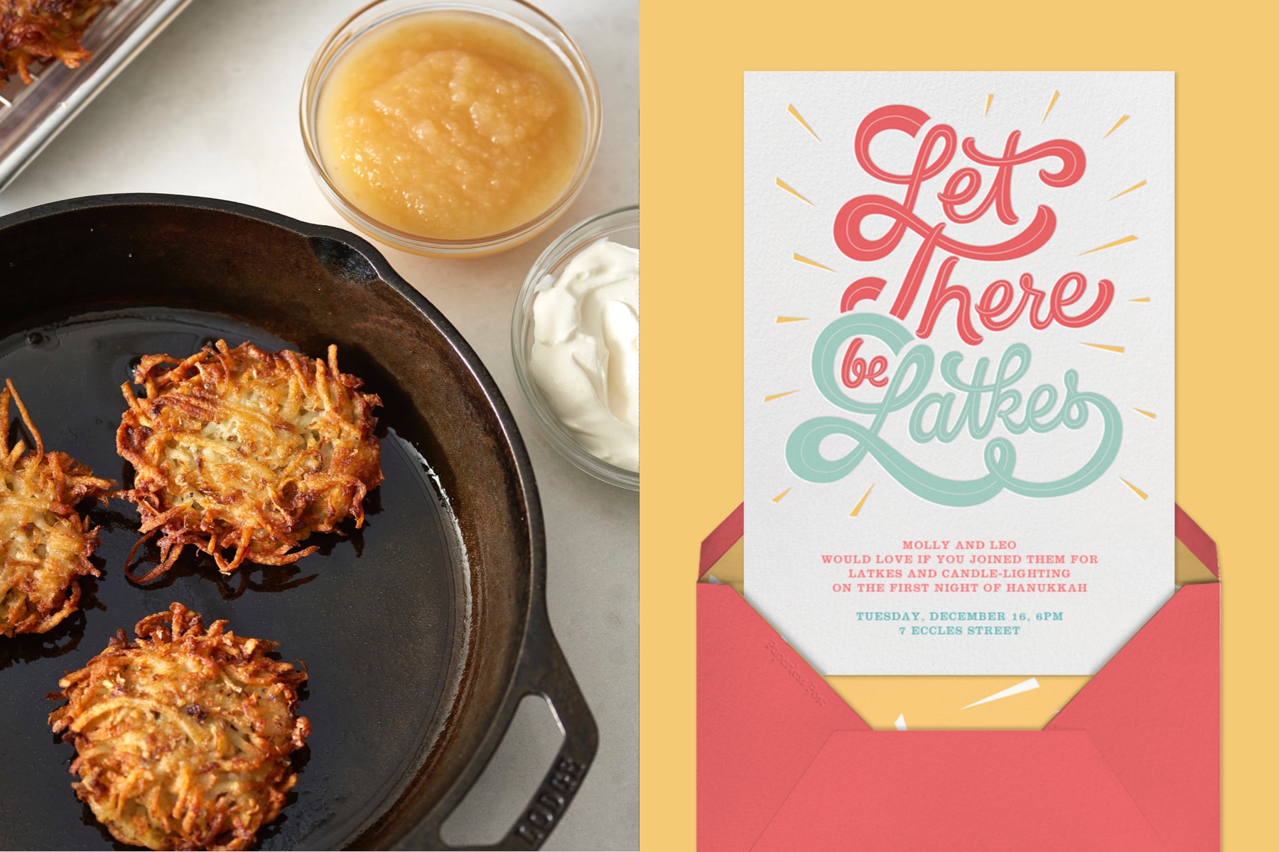 Left: Latkes on a frying pan. Right: A white Hanukkah invitation and red envelope. 
