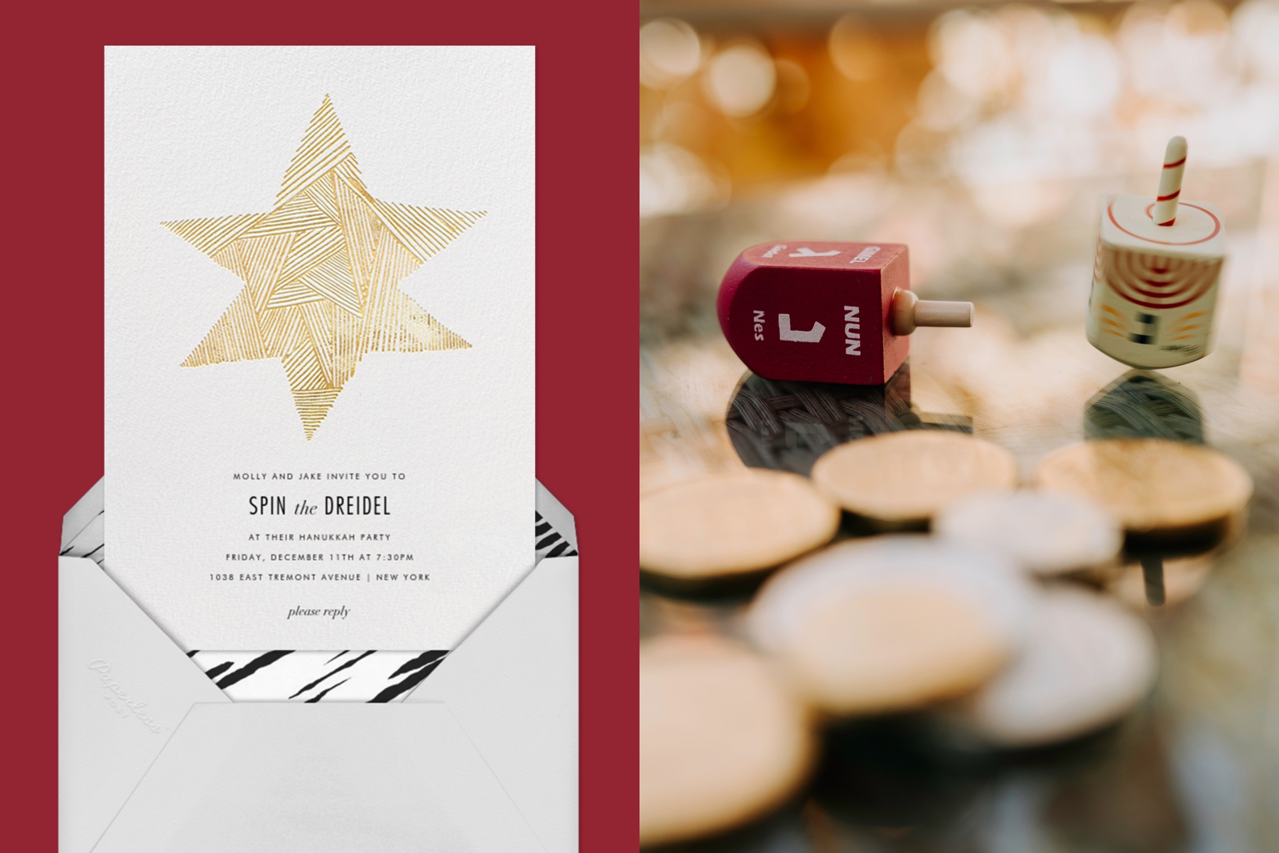 Left: A white Hanukkah card with a gold star. Right: Two dreidels. 
