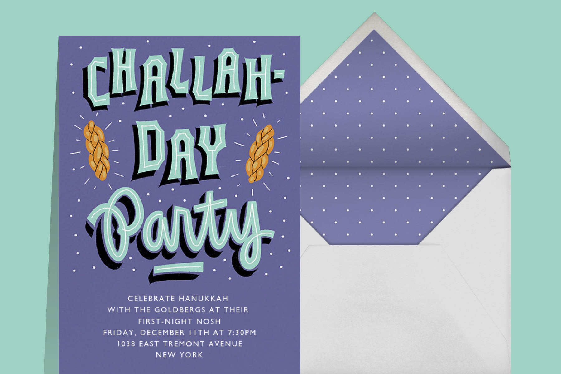 A periwinkle Hanukkah invitation with matching envelope. 