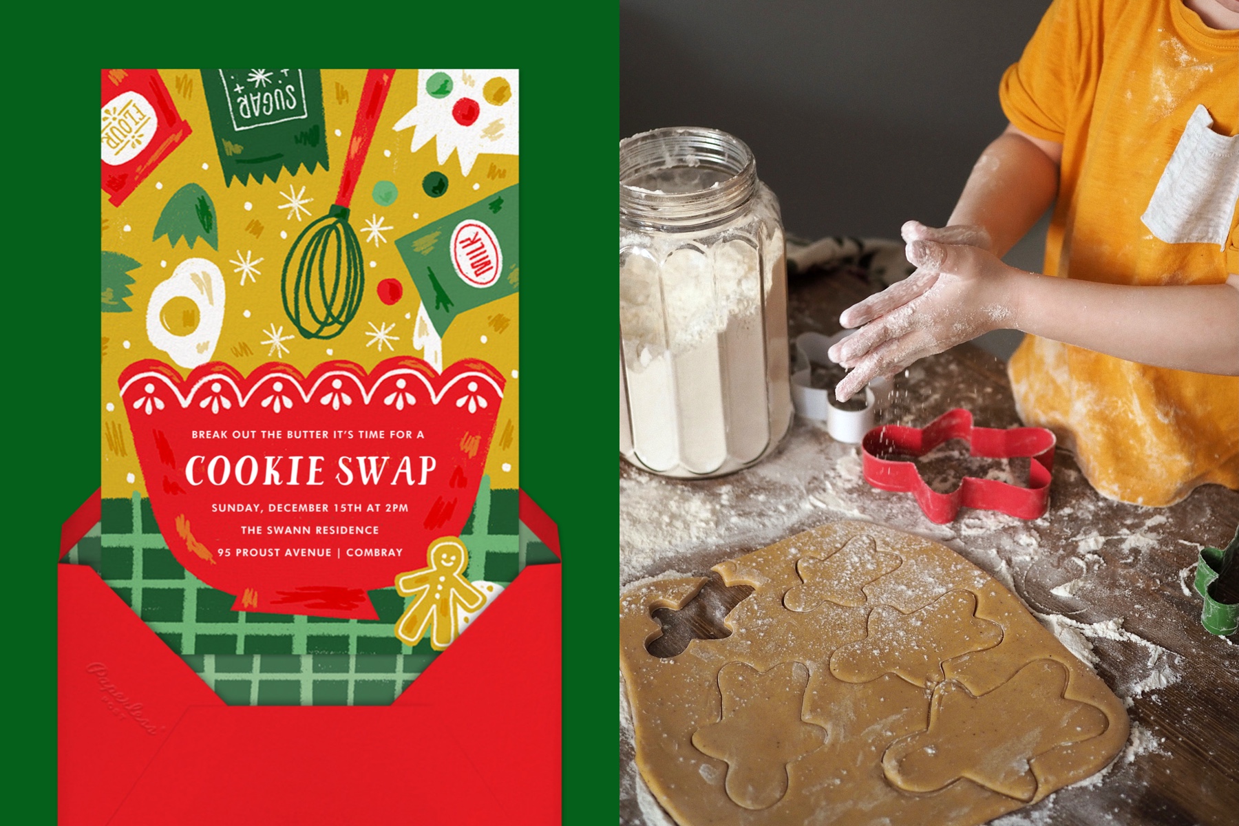 Left: Cookie swap invitation with red envelope. Right: Someone cuts gingerbread cookies out of dough. 