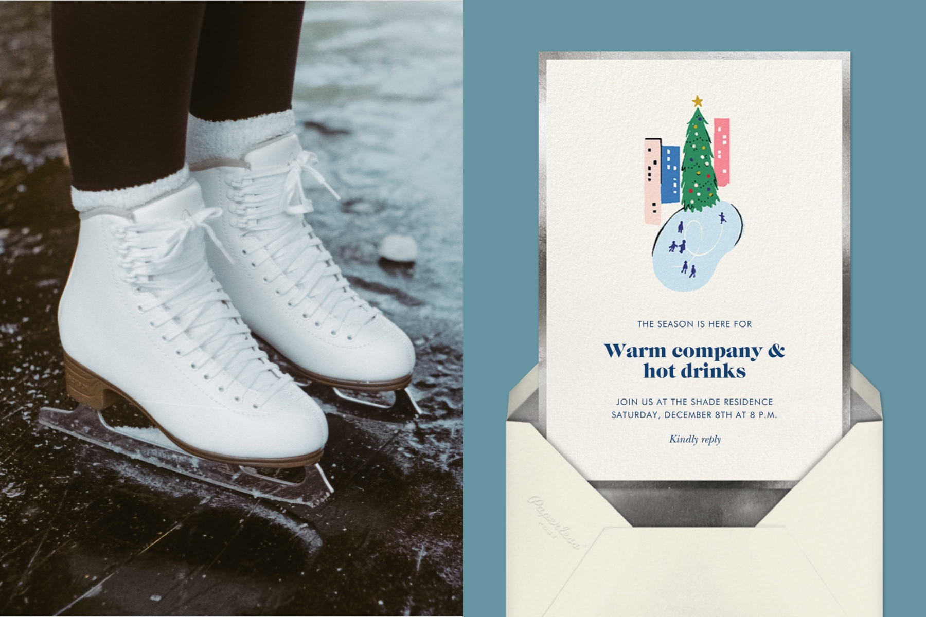 Left: Someone wears white ice skates on ice. Right: An invitation for a winter get-together. 