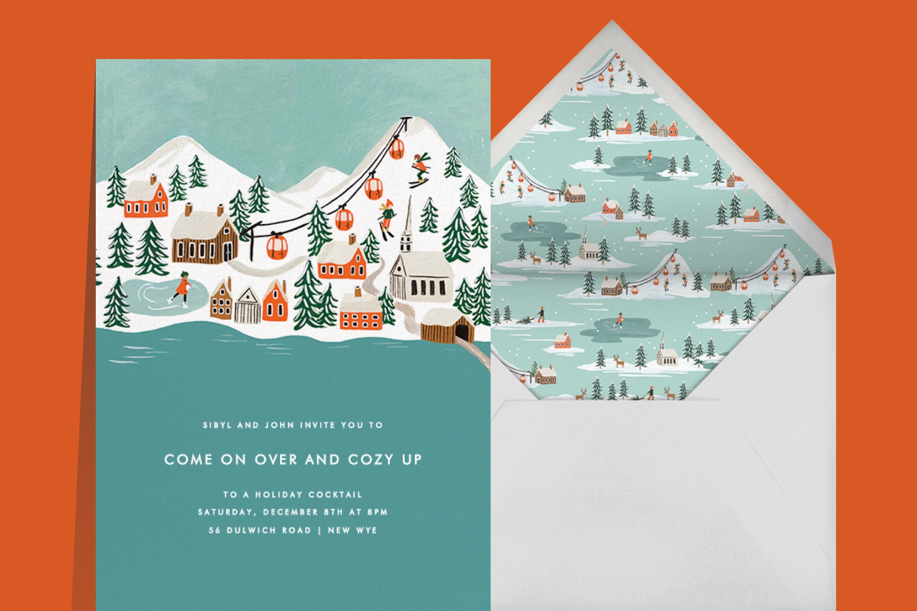 An invitation for a winter gathering shows a snowy ski village scene. 