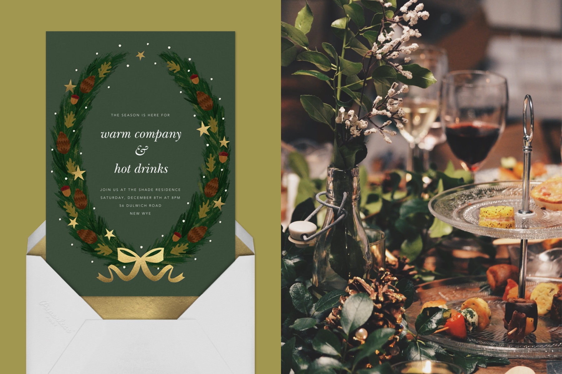 A green holiday party invitation with a celestial wreath. Right: A festive tablescape with hors d'oeuvres. 