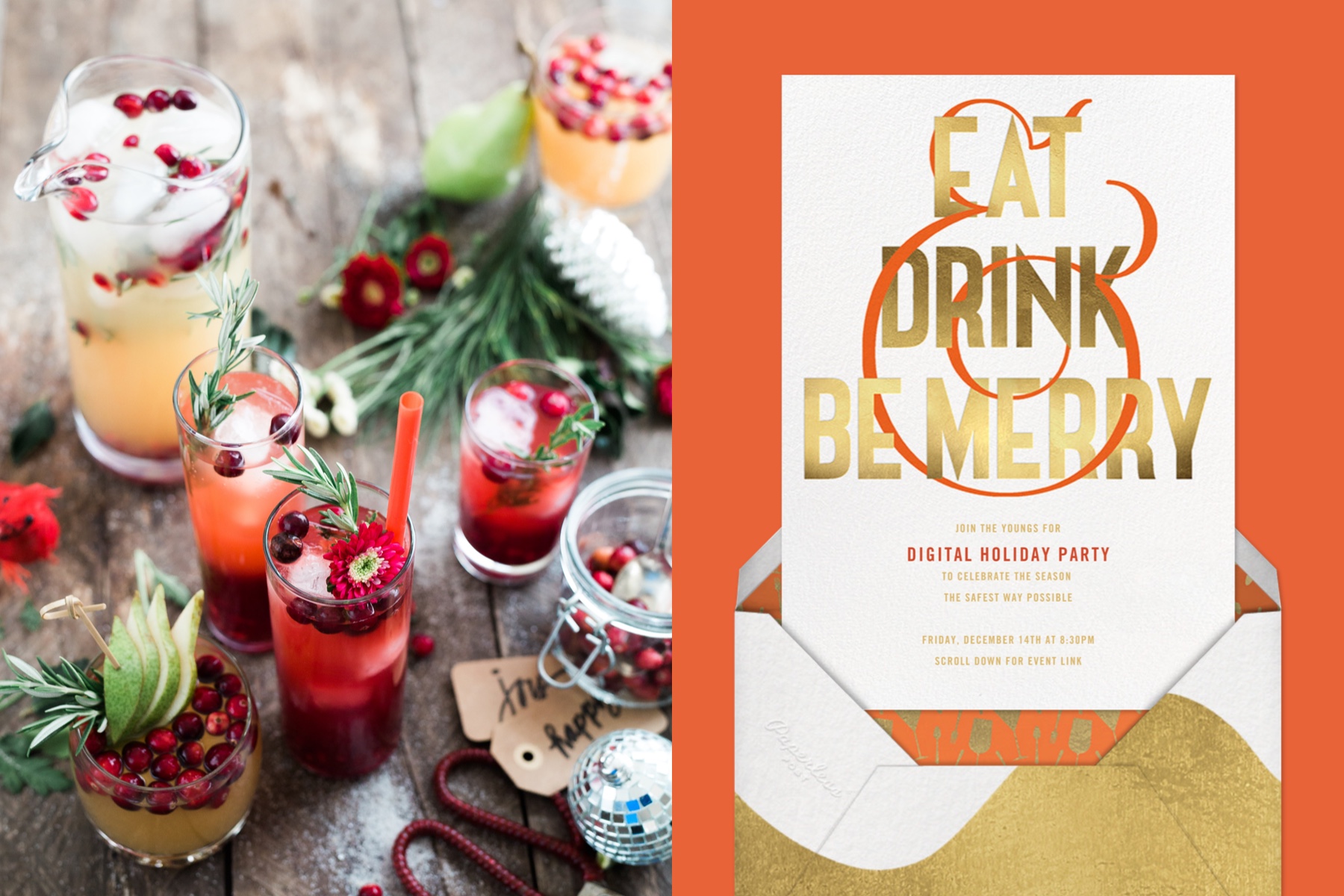 Left: Festive cocktails with leafy garnishes. Right: A Christmas party invitation reads “Eat, Drink, & Be Merry” in gold lettering. 