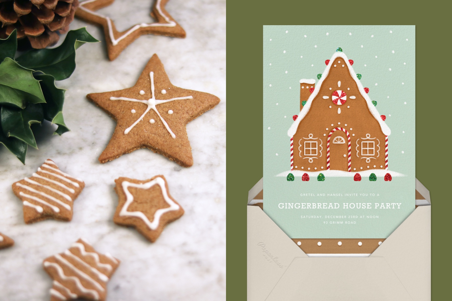 Left: Star-shaped gingerbread cookies. Right: An invitation with a gingerbread house. 