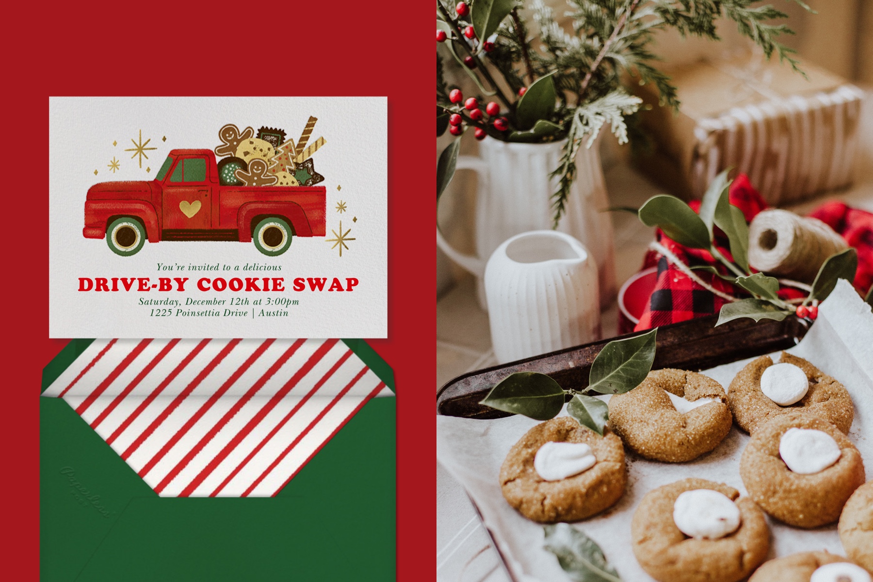 Left: An invitation for a drive-by cookie swap with a red pickup truck filled with Christmas cookies. Right: Cookies surrounded by festive decorations. 