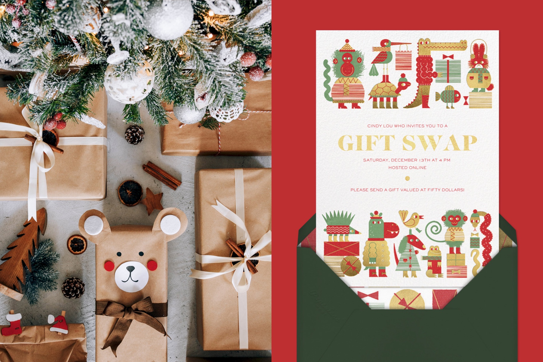 Left: Presents under a Christmas tree wrapped in brown paper. Right: A gift swap party invitation featuring animals in sweaters. 