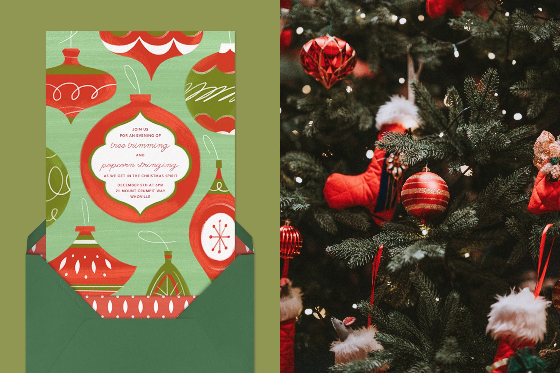 Left: A red and green holiday party invitation with Christmas tree ornaments. Right: Red ornaments on a Christmas tree.