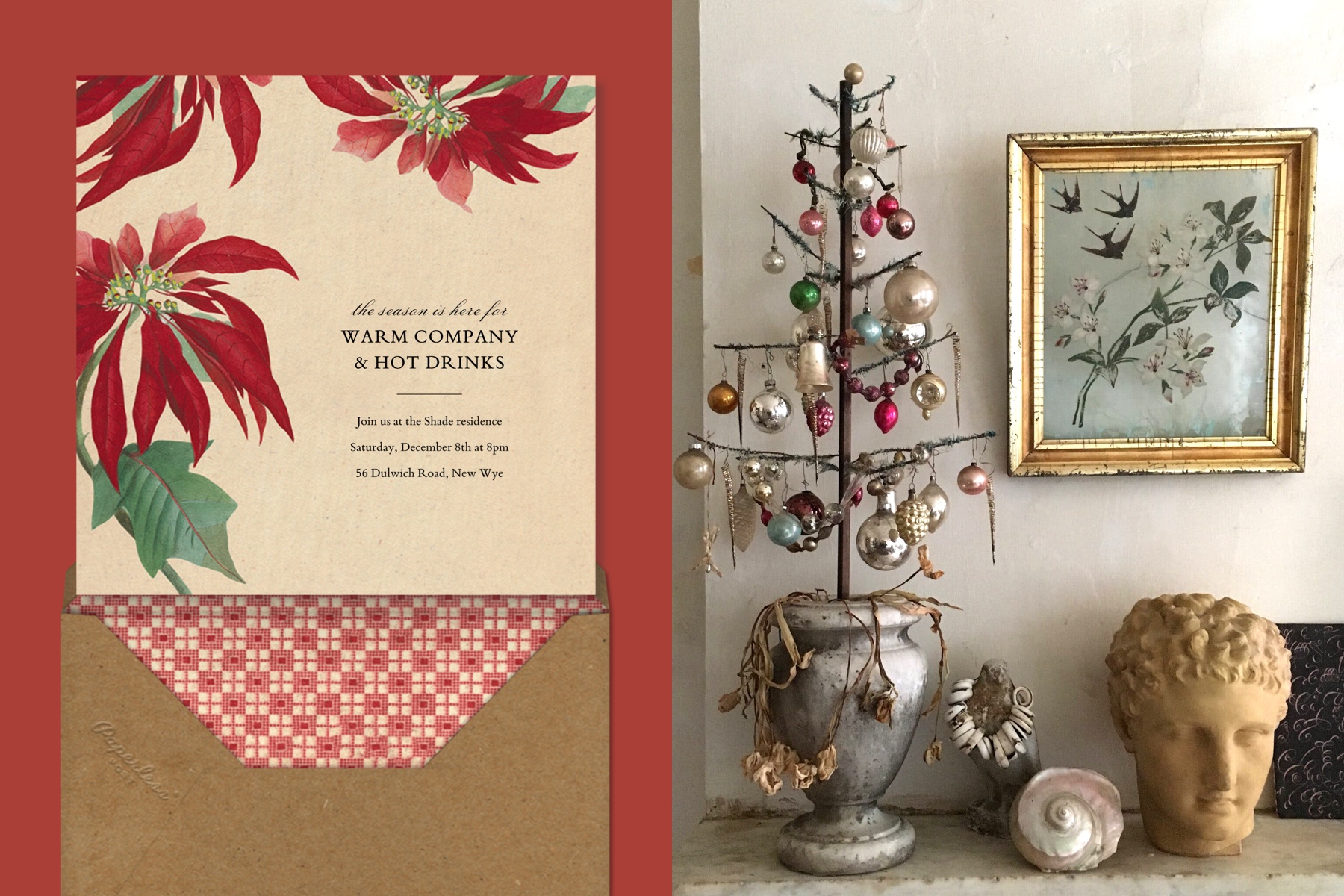 Left: A holiday invitation featuring poinsettias. Right: A feather tree with ornaments and a bust.